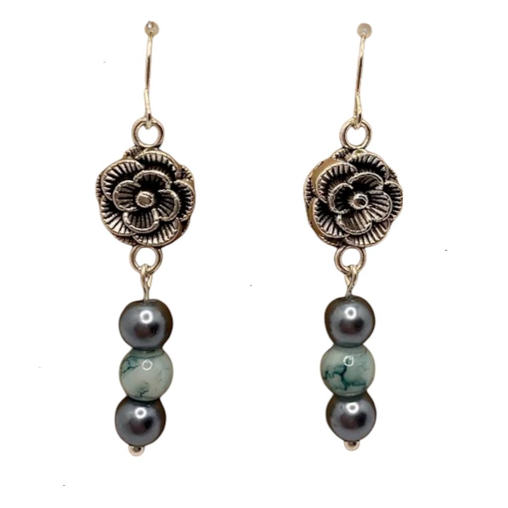 Floral Drop Earrings with Teal and Gray Marble